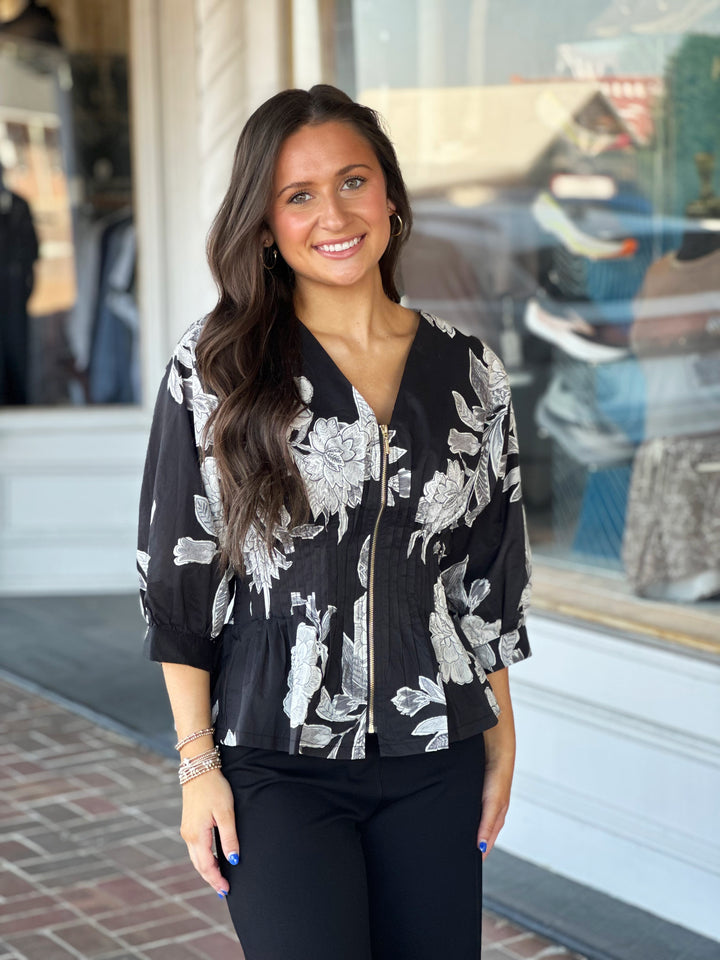 Floral Printed Black Zip-Up Neck Top