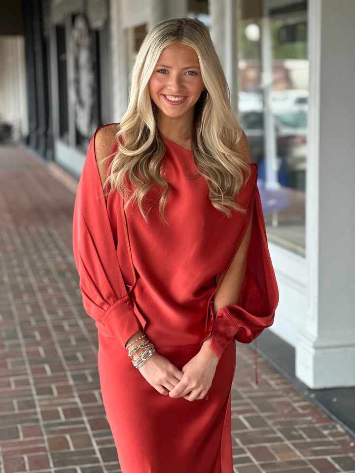 Boat Neck Satin Blouse in Burnt Orange