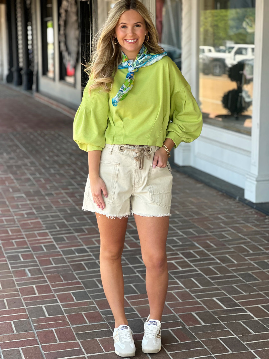 Long Bubble Sleeve Top in Chartreuse Green