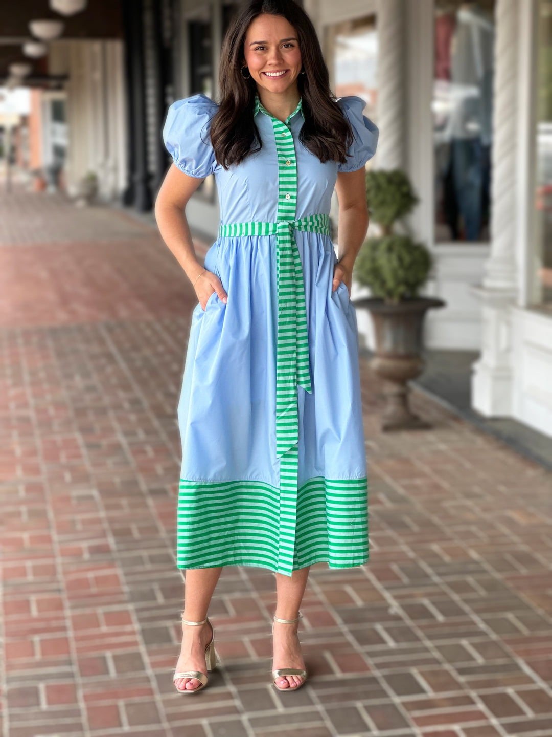 Blue Solid Short Puff Sleeve Midi Dress