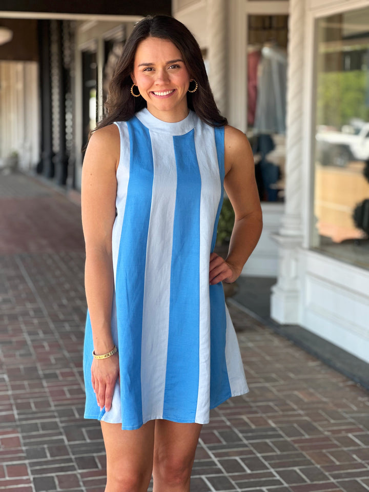 Sleeveless Stripe Mini Dress in Blue