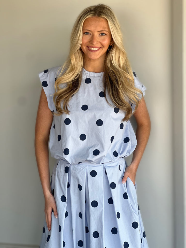 Round Neck Band Bubble Crop Top in Blue
