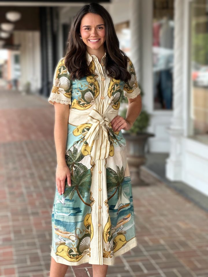 Farm Rio Off-White Royal Sea Collared Lenzing™ Ecovero™ Euroflax™ Midi Dress