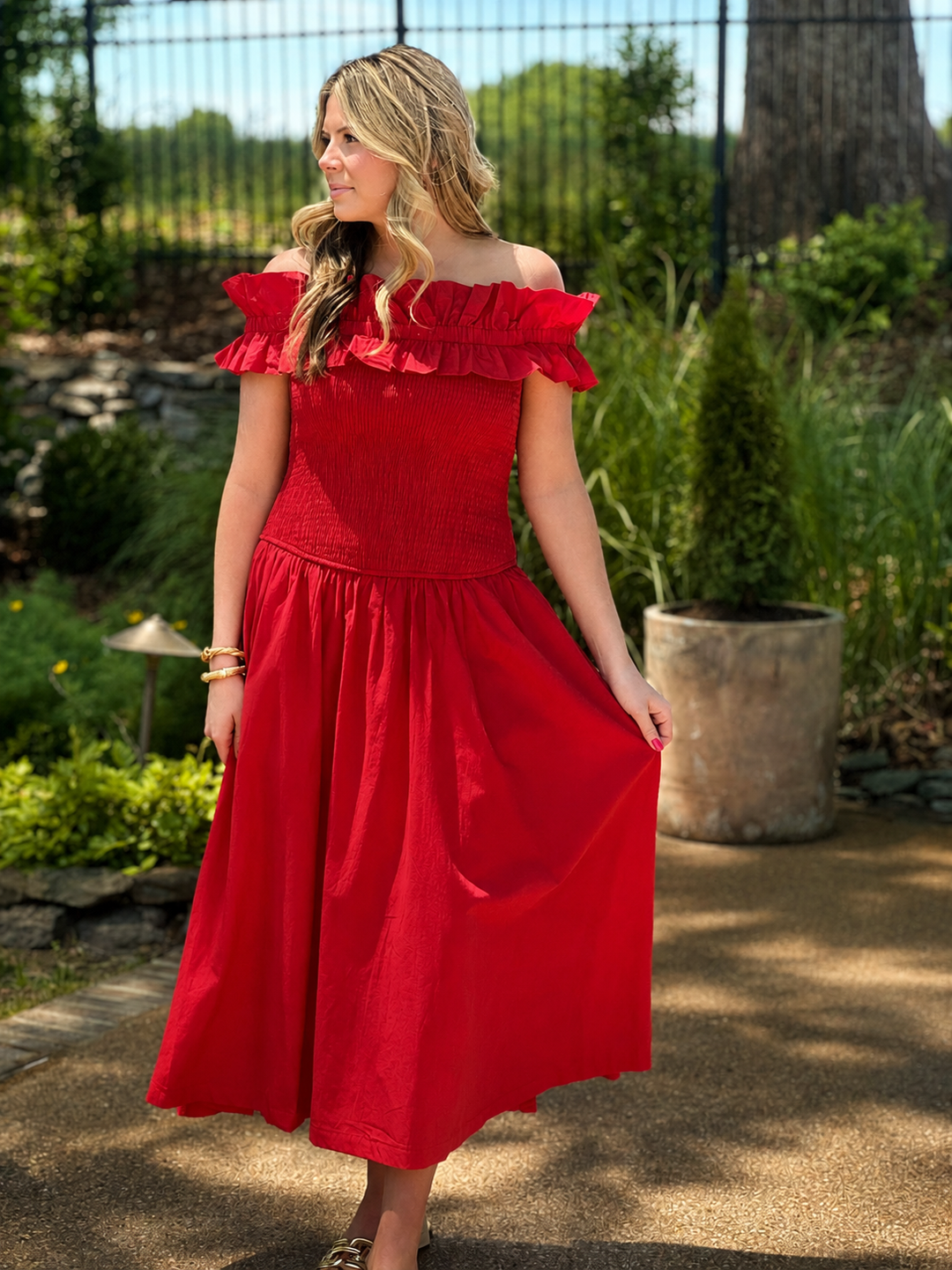 Smocked Bodice Off Shoulder Midi Dress in Red