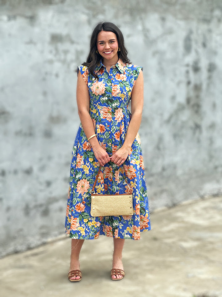 Floral Print Cap Sleeve Dress in Blue