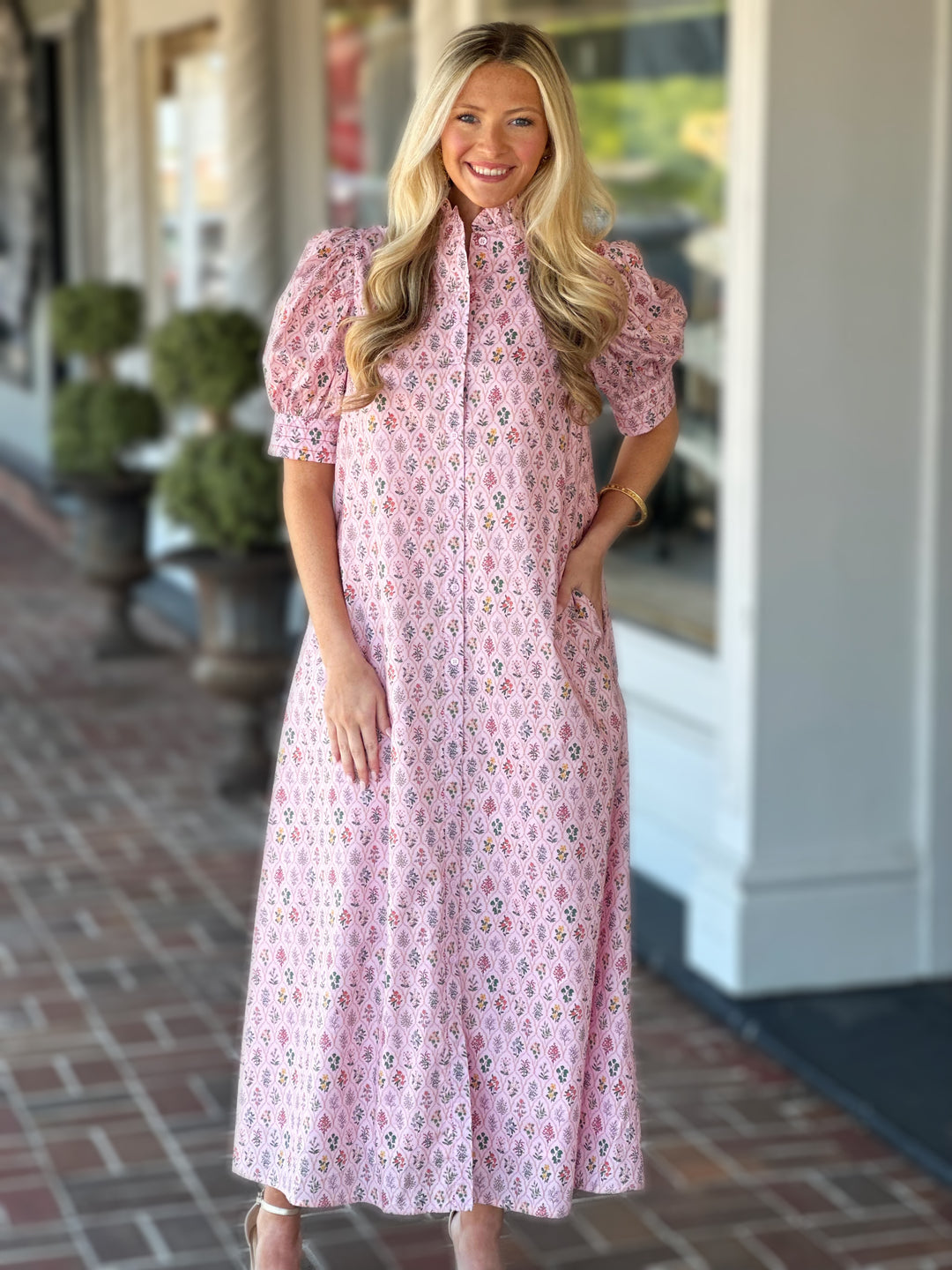 Pink Floral Ruffled Mock Neck Button Down Maxi Dress