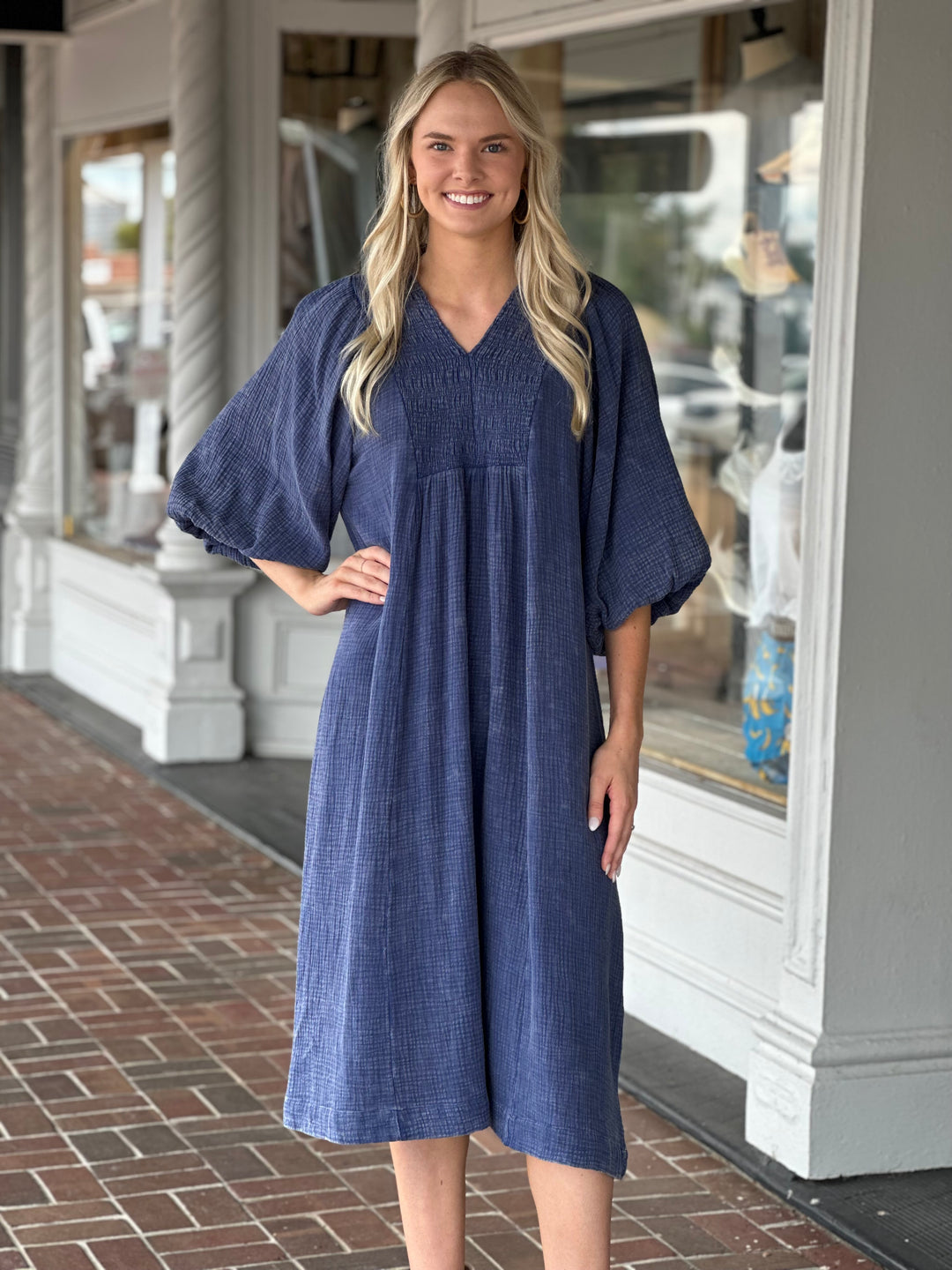 Smocked Mineral Wash Midi Dress in Navy