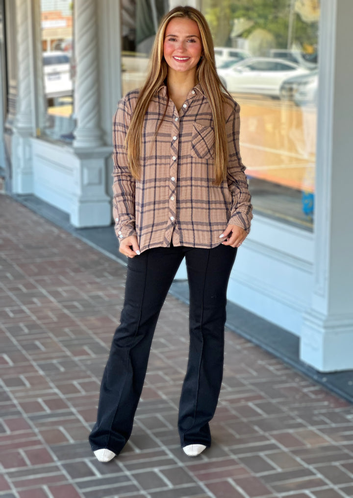 Dylan Taylor Plaid Top in Taupe