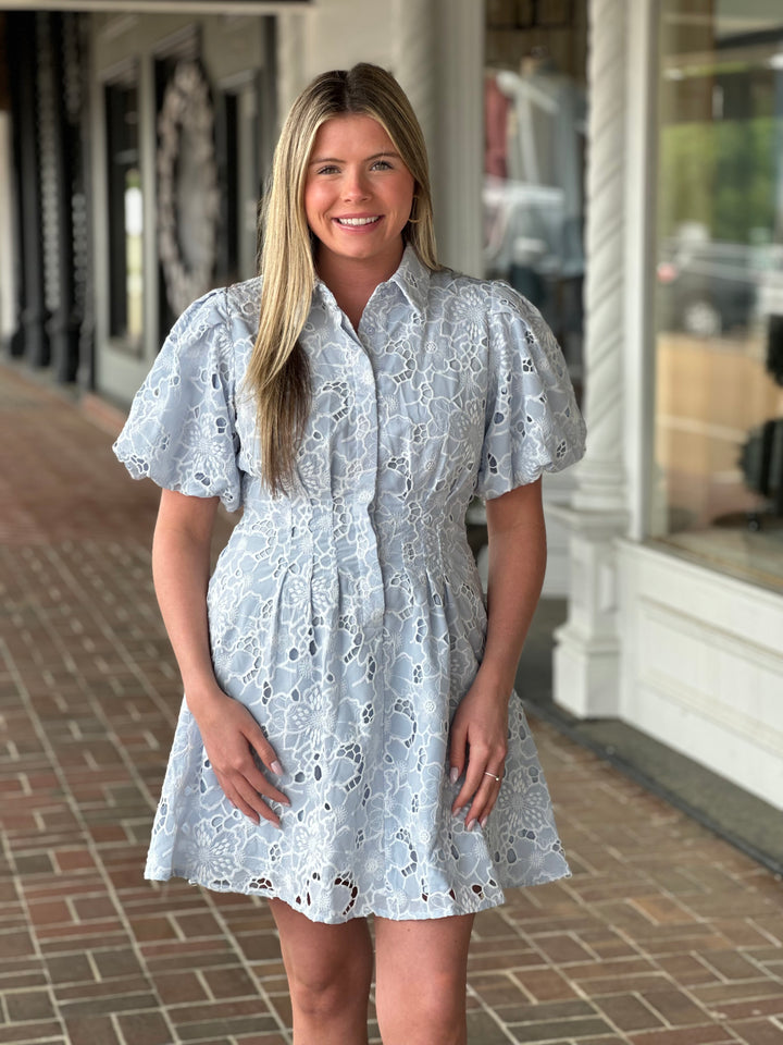 Cut-out Floral Lace Short Button Down Dress in Baby Blue