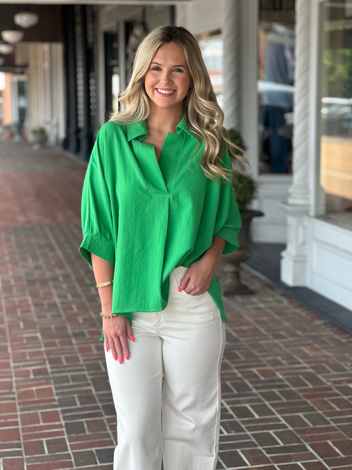 Green V Neck Collar Top