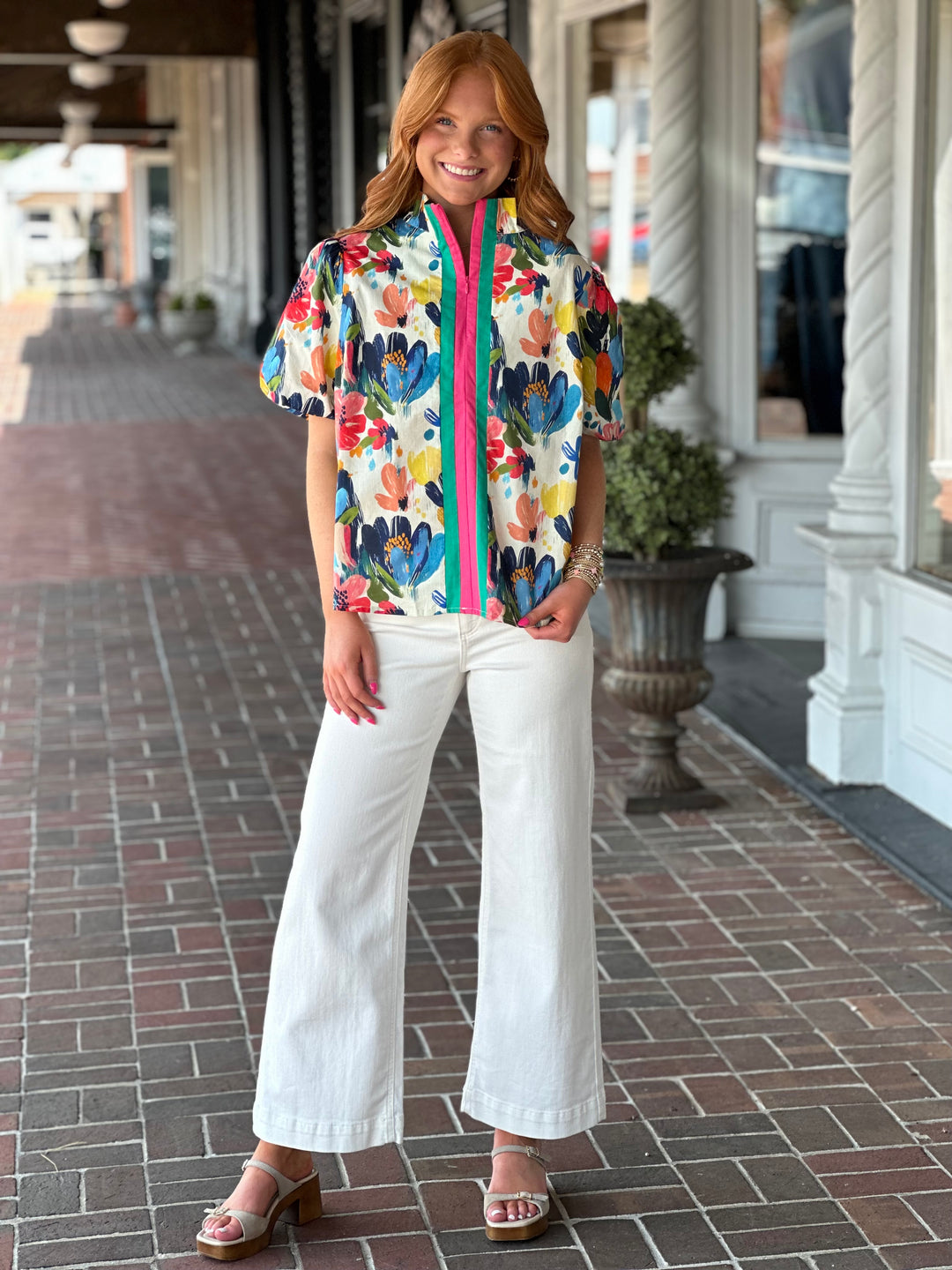 Stripe Quarter Zip Watercolor Floral Print Top
