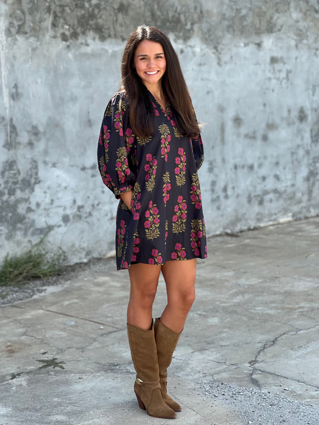 Rose Garden Floral Printed Black Dress