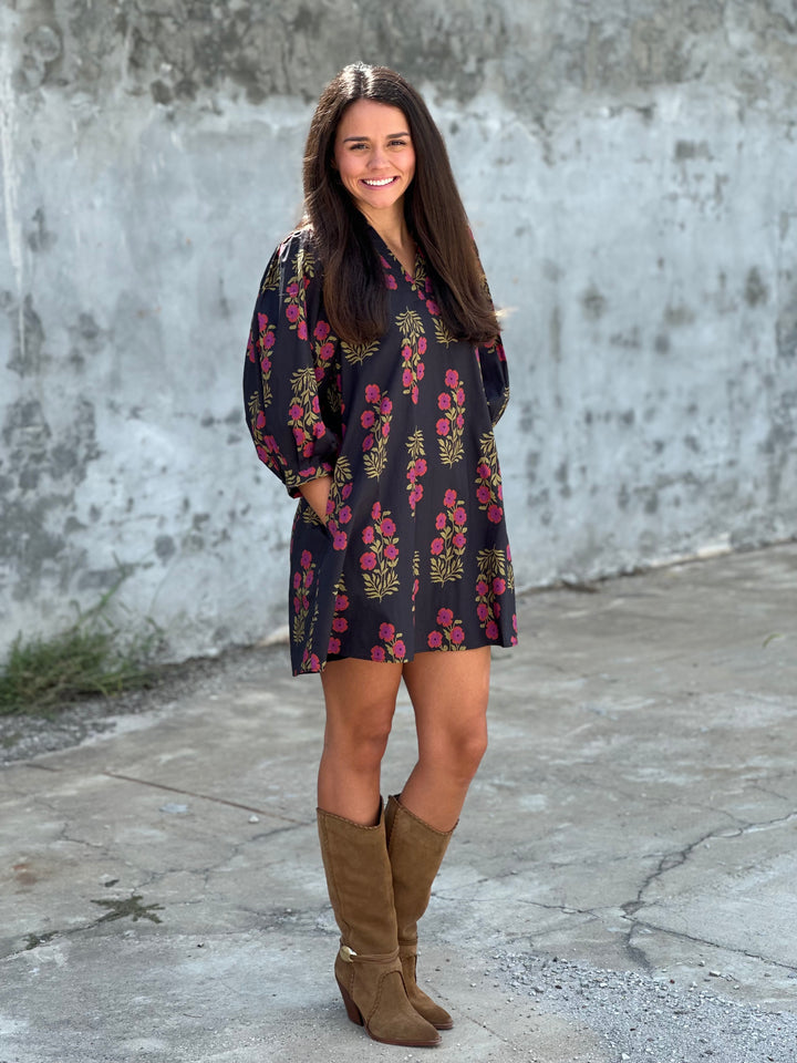 Rose Garden Floral Printed Black Dress