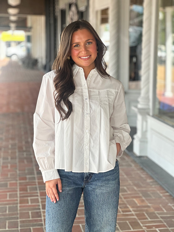 White Pleated Poplin Button Down Top