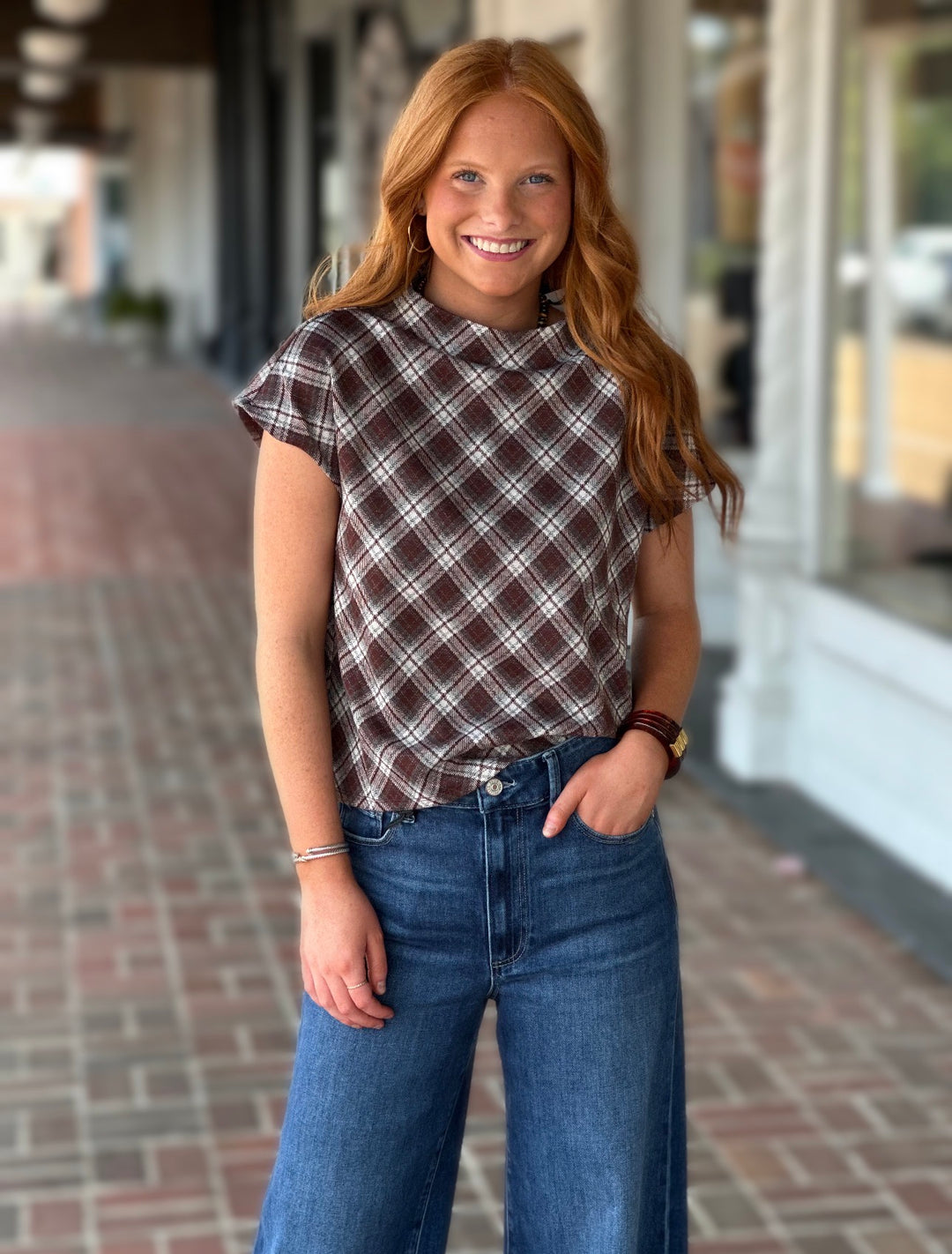 After Some Time Brown Plaid Top