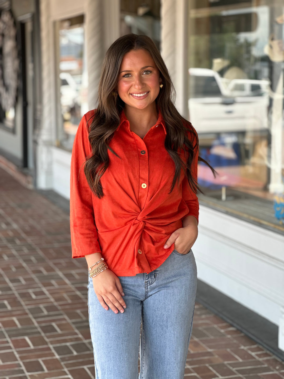Gretchen Scott Twist & Shout Top in Ultra Suede Orange