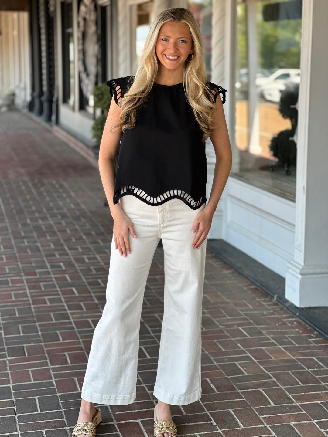 Embroidered Cut-out Cap Sleeve Top in Black