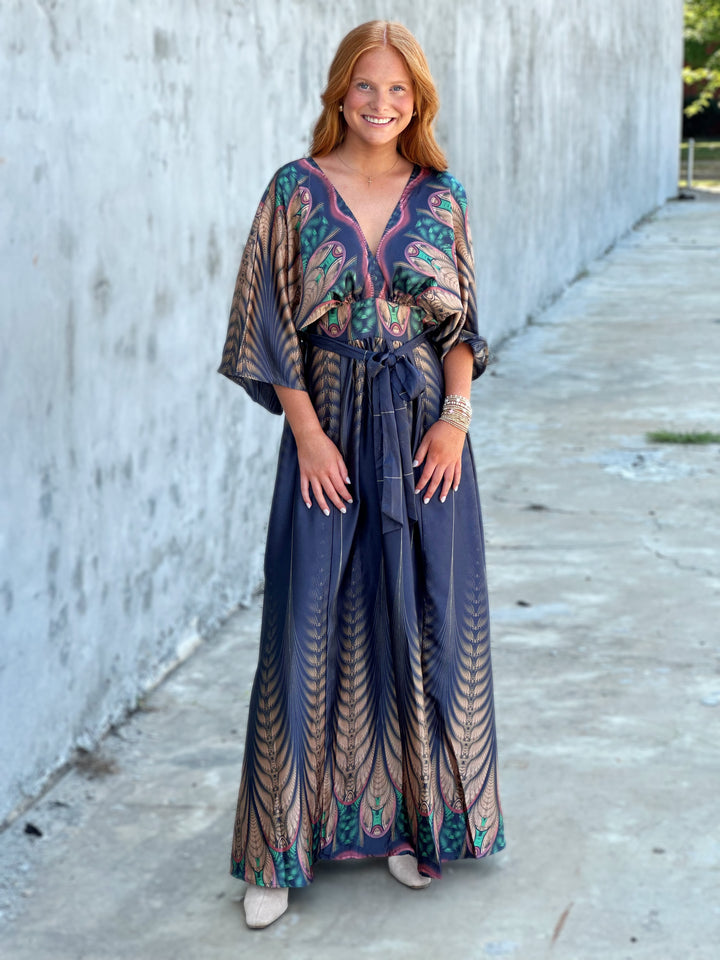 Midnight Dance Navy Printed Kimono Maxi Dress