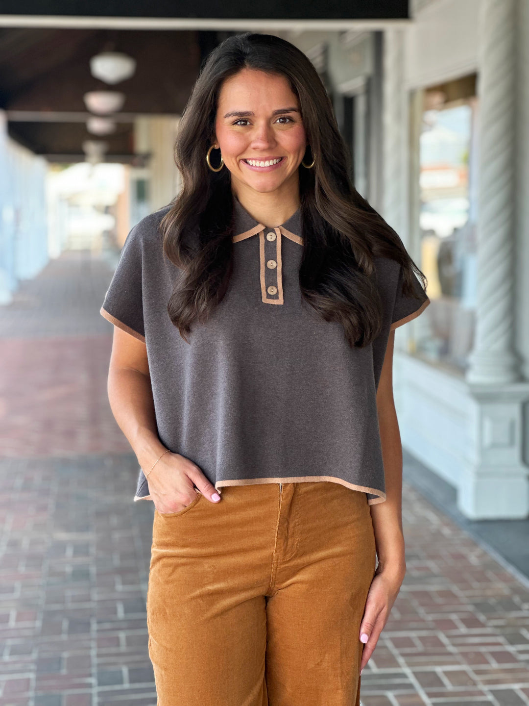 Brown Short Sleeve Collared Sweater Top