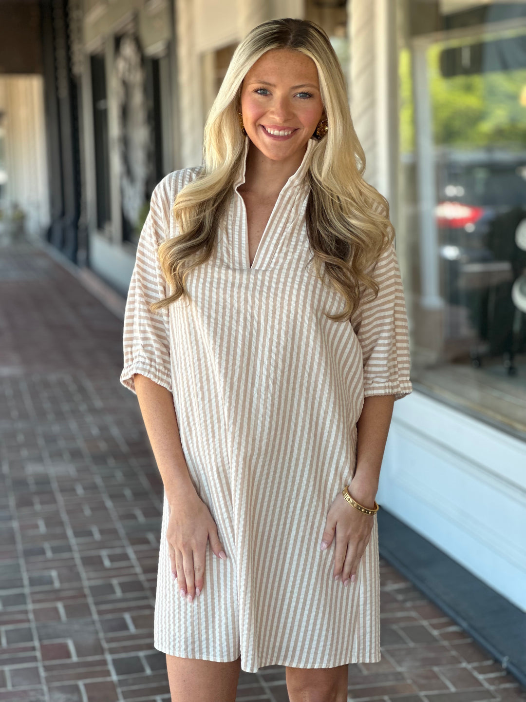 Adrienne Charlotte Dress in Sand Stripe