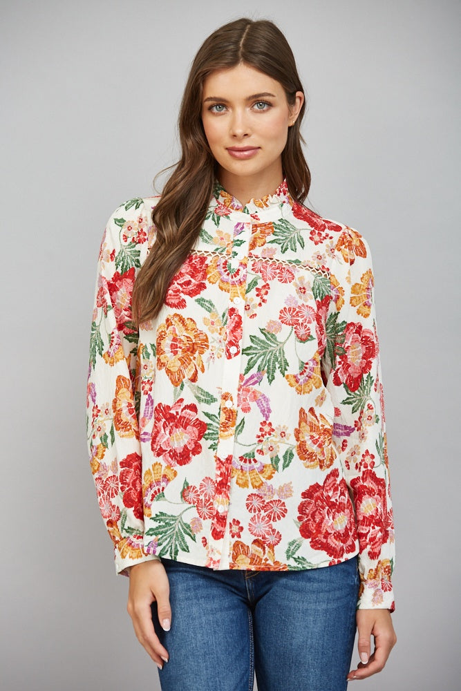 Lace Trimmed Cream Collared Top