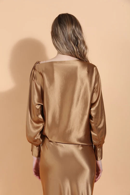 Boat Neck Satin Blouse in Antique Gold