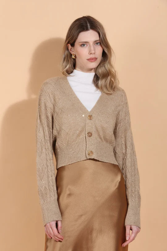 Cable Knit Short Cardigan With Sequins in Camel