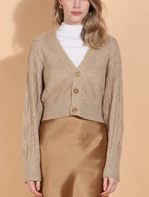 Cable Knit Short Cardigan With Sequins in Camel