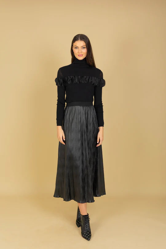 Pleated Midi Skirt with Elastic Waistband in Olive Green