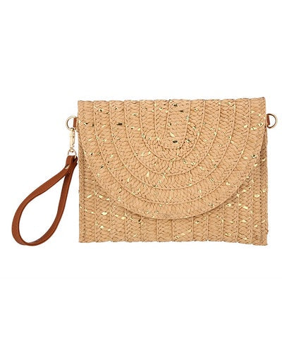 Half Moon Flap Straw Clutch in Khaki