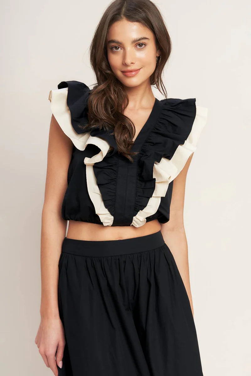 GALLERY CONTRAST WOVEN CROP TOP IN BLACK