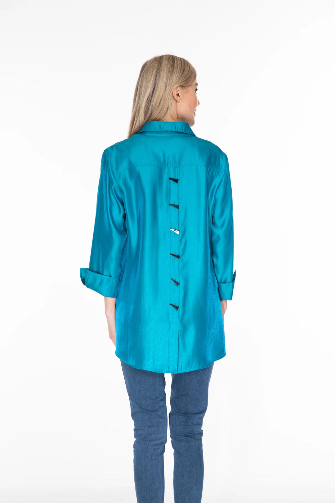Multiples Teal Turn Up Cuff Button Top
