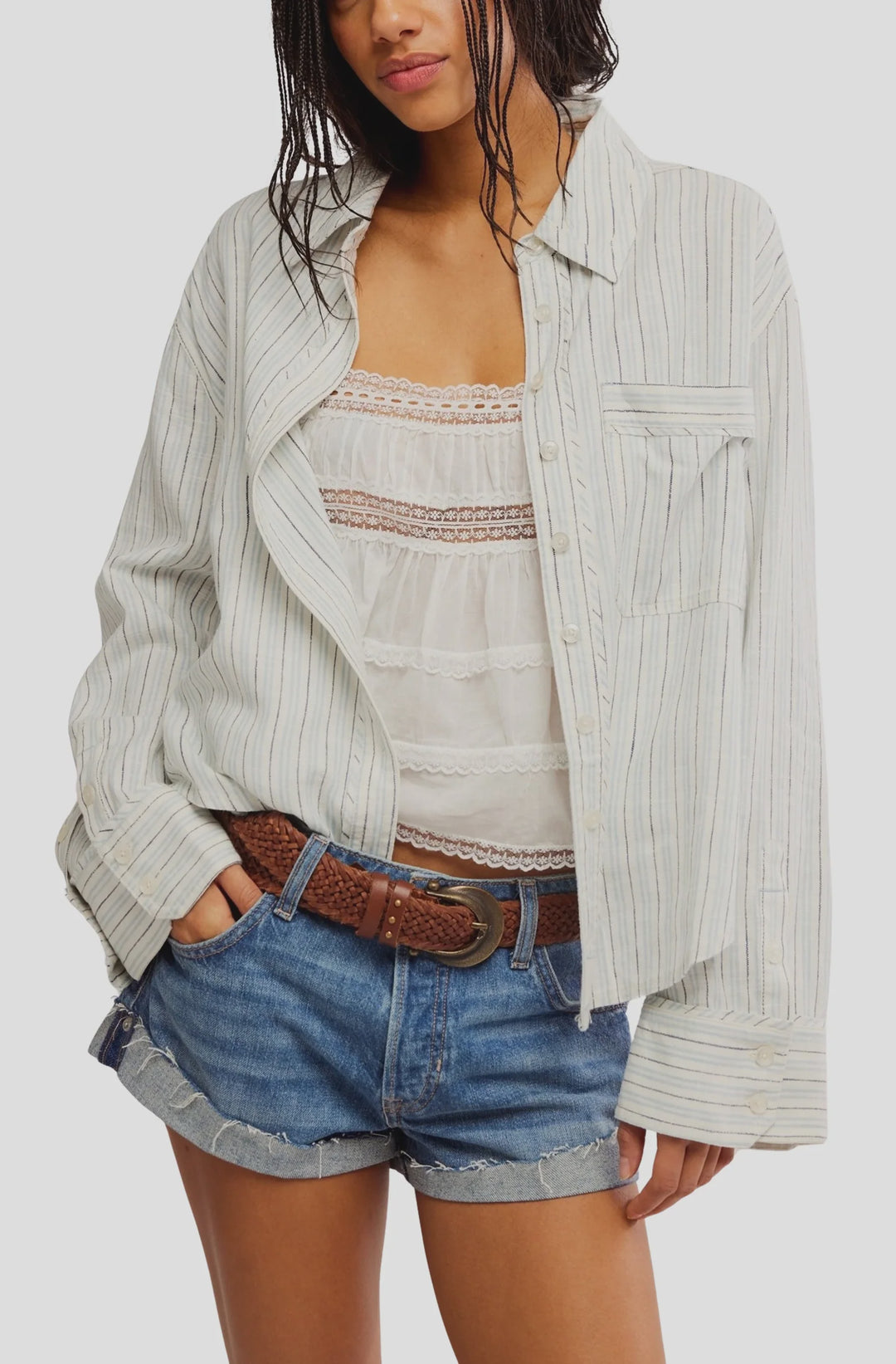 Free People Striped Linen Laurel Top in Ivory Combo