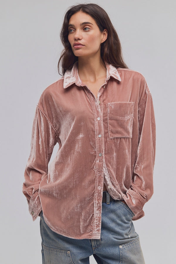 Free People Alexi Solid Velvet Shirt in Dusty Himalayan