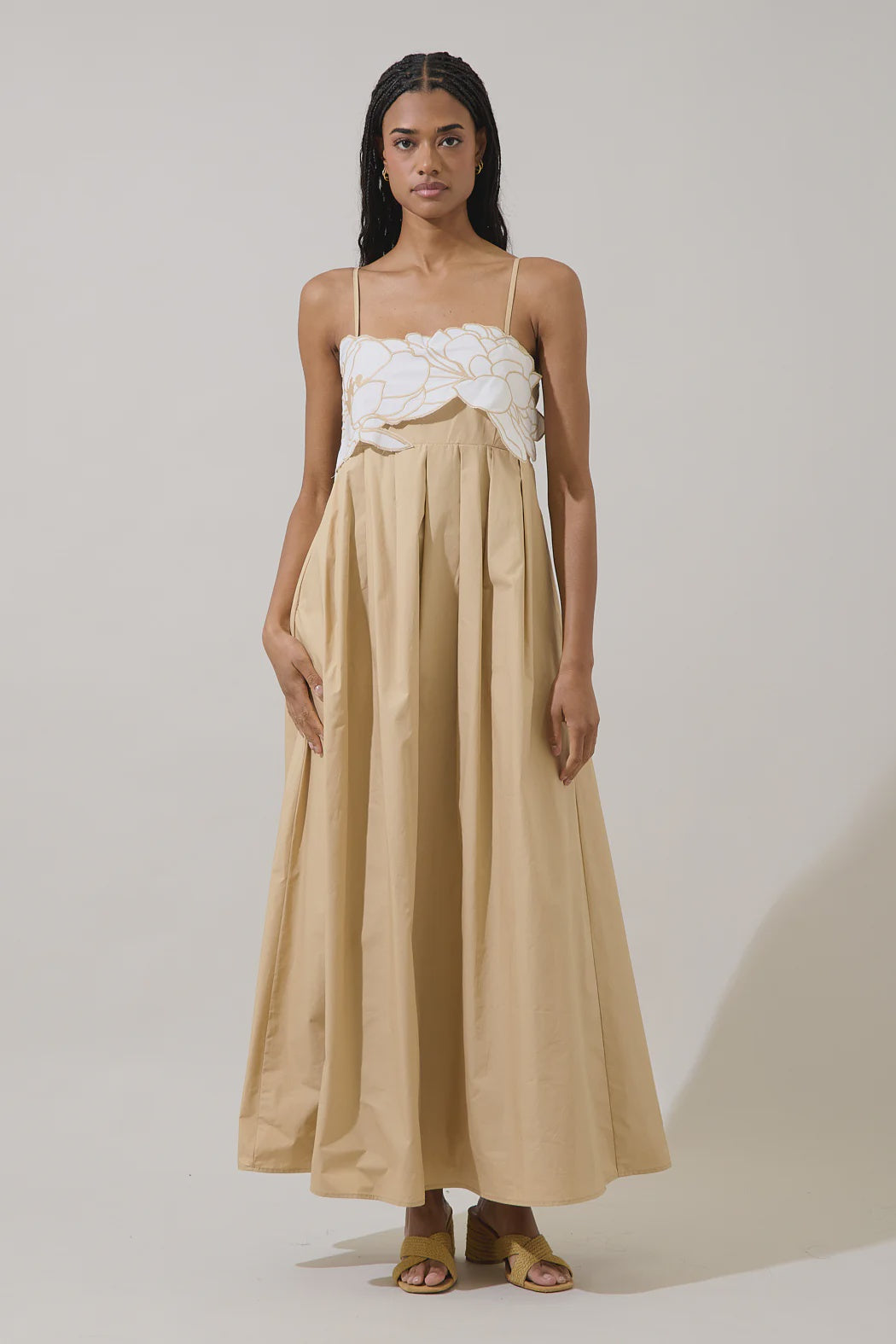 Kalani Floral Embroidery Pleated Maxi Dress in Oatmeal