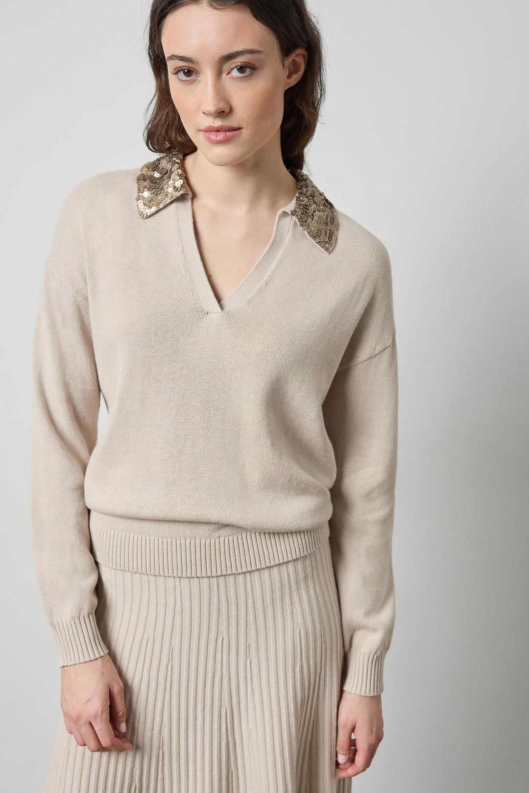 Lilla P Sequin Polo Sweater in Dove