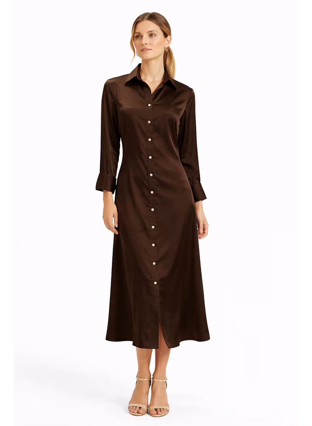 The Mel Satin Button-Down Midi Dress in Cocoa
