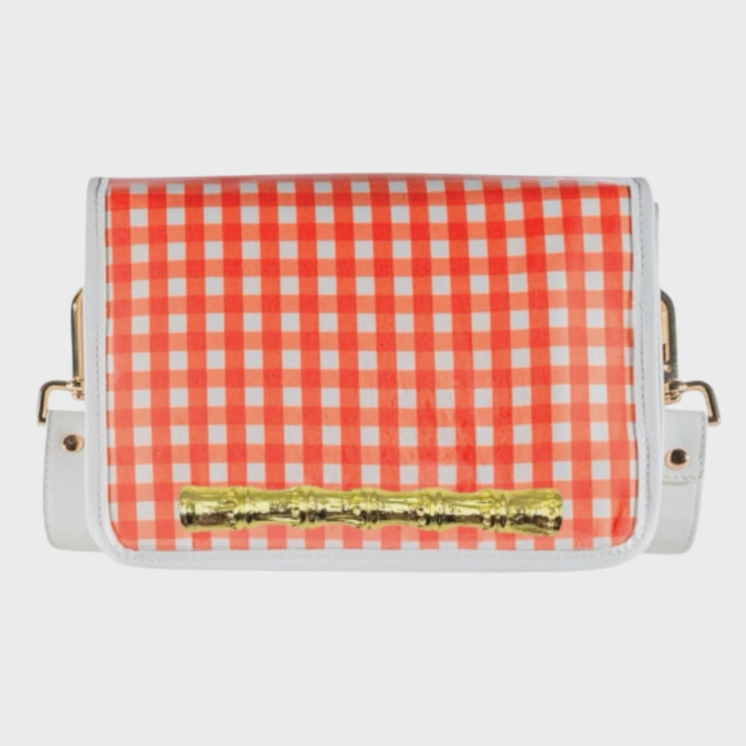 Orange Gingham Clear Stadium Bag with Gold Bamboo Stick