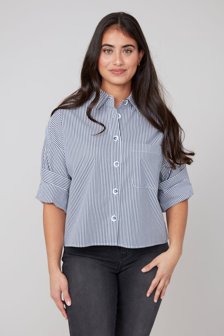 Renuar Striped Button Down in Black Combo