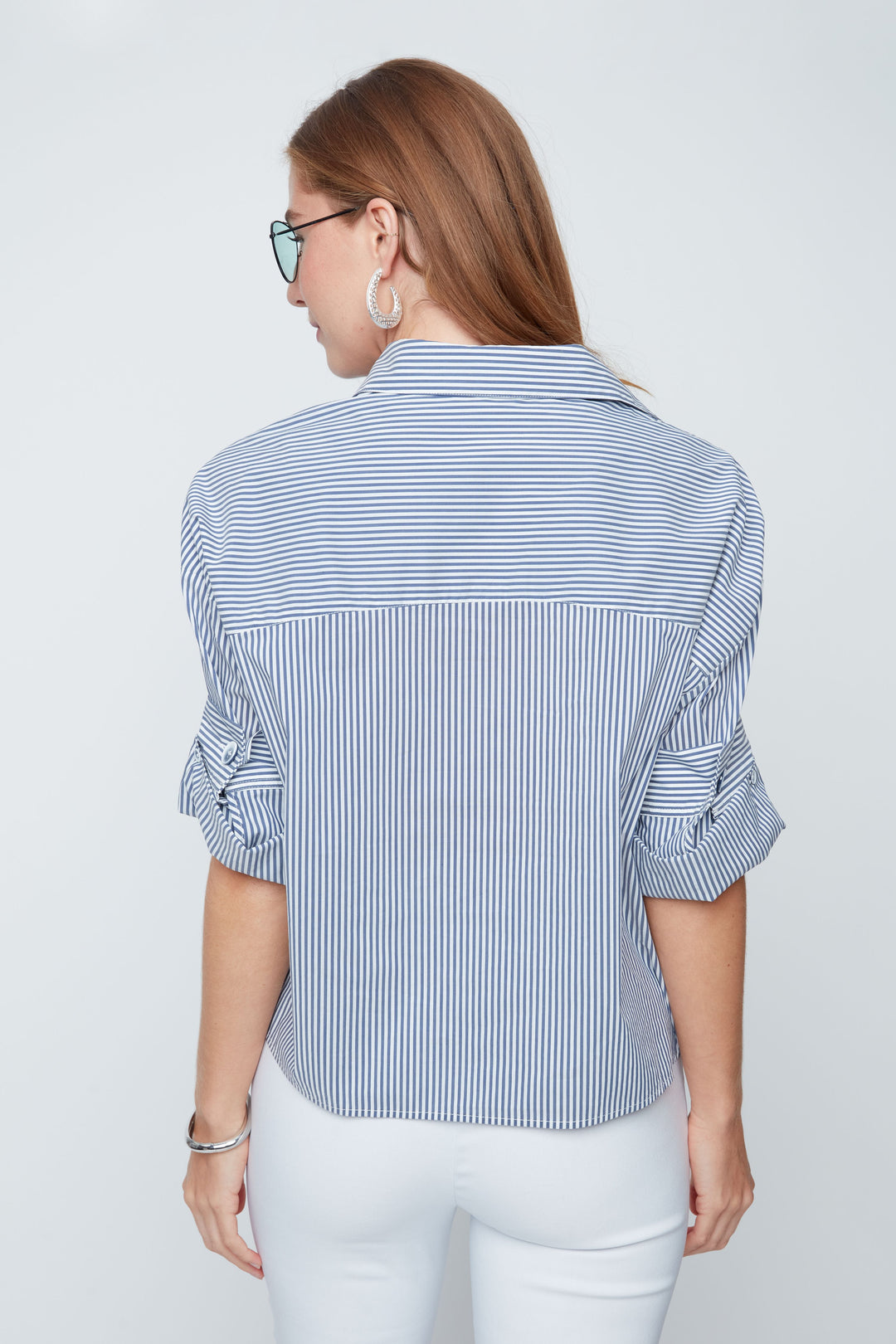 Renuar Woven Stripe Button Down Top in Indigo Combo