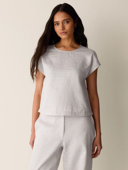 Eileen Fisher Striped Linen Sheen Square Top in Wheat