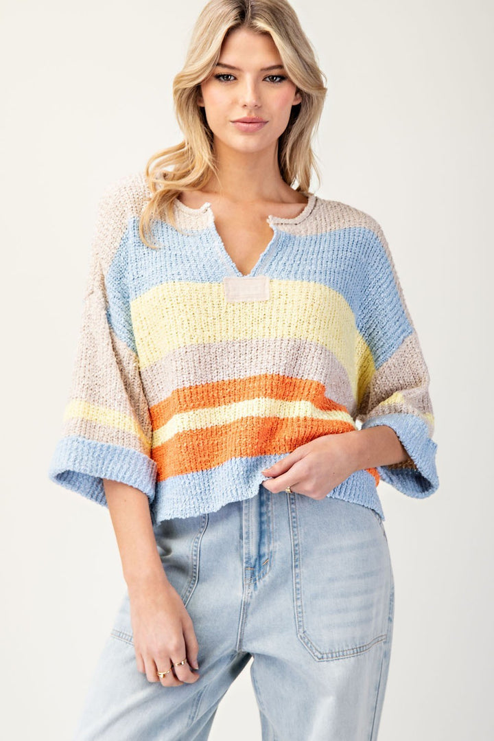 Periwinkle Striped Notched Collar Sweater