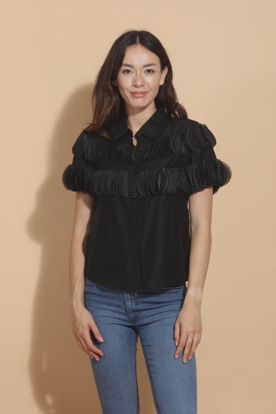 Jessie Liu Short Sleeve Tencel Blouse with Appliqué in Black