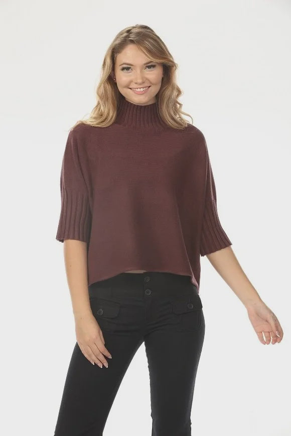 Aria Pleated Sleeve Mock Neck Sweater in Chocolate Brown