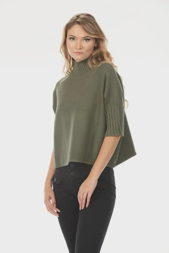 Aria Pleated Sleeve Mock Neck Sweater in Olive