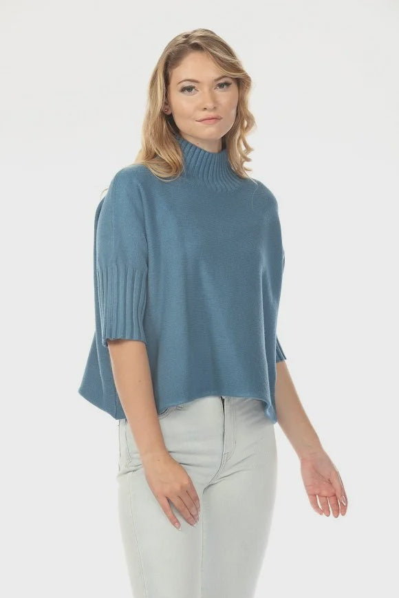 Aria Pleated Sleeve Mock Neck Sweater in Teal