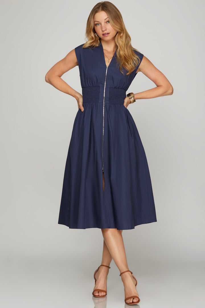 The Unexpected Smocked Waist Front Zip Midi Dress in Solid Navy