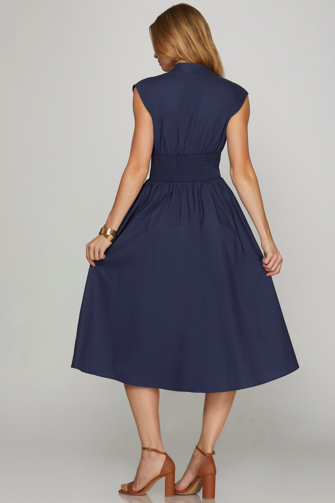 The Unexpected Smocked Waist Front Zip Midi Dress in Solid Navy