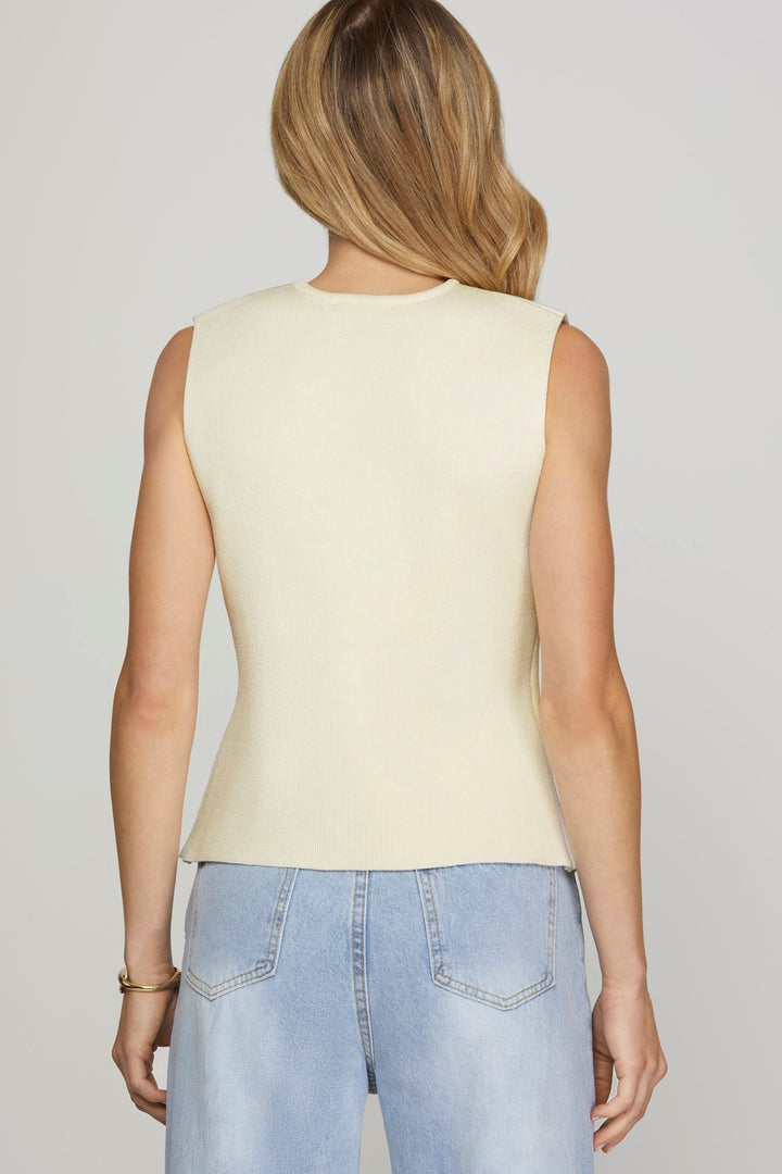 Sleeveless Gold Button Knit Sweater Vest in Cream