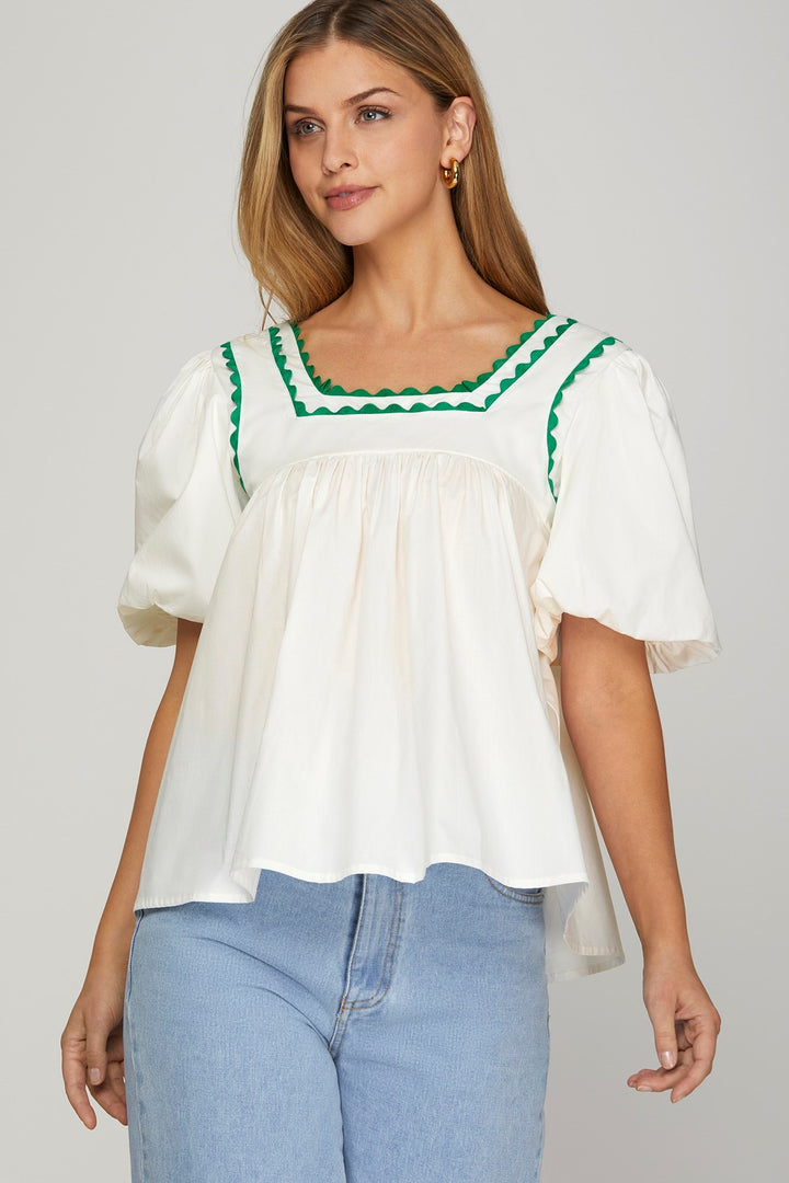 This Is The One Off White Green Trim Top